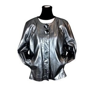 Vintage Y2K Metallic Leather Jacket Alice Blue Size Large Silver Collarless